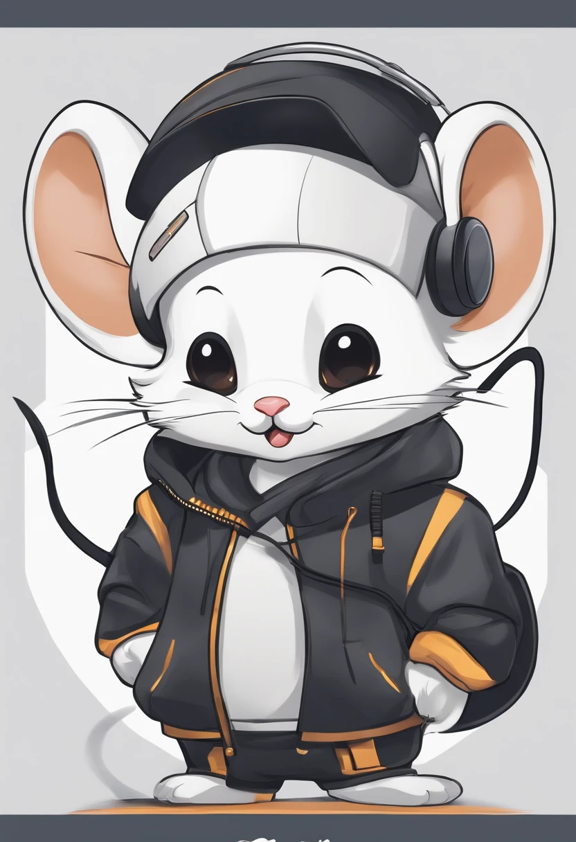 Perfect centering, Cute white and black mouse, Wear a student team jacket, Wearing Black sunglasses, Wearing headphones, cheerfulness, Standing position, Abstract beauty, Centered, Looking at the camera, Facing the camera, nearing perfection, Dynamic, Highly detailed, smooth, Sharp focus, 8K, high definition resolution, illustration, Art by Carne Griffiths and Wadim Kashin, White background