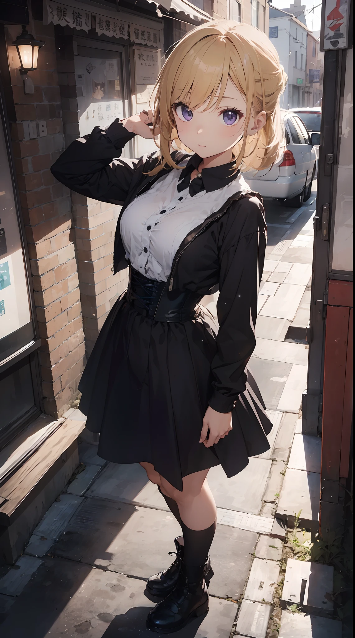 Background with: Snowy night cityscape。Drawing detailed buildings and streets with meticulously three-dimensional thinking。
人物: 20 years girl。Hairstyle is bob、Hair color is blonde、Hair quality is wavy。
Facial expressions and eyes: serious facial expression、Eyes are blue、Realistic and complex eyes。
garments: Black and purple Gothic style clothes。Long sleeves and skirts、Corset available。
Poses:Holding an umbrella in his left hand。
effect:Focus on the face from above。
styles: Ghibli style
Special elements:soha