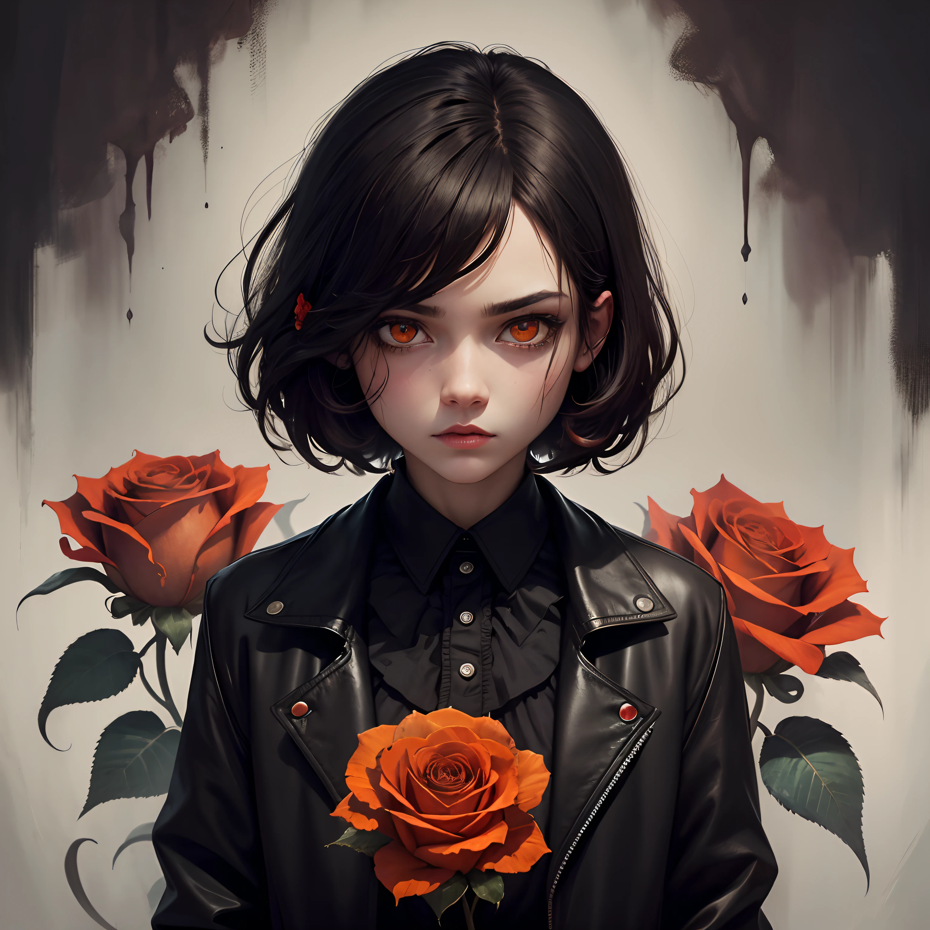 (arielpstyle:1.0), dark, horror, creepy, creepy-looking, painting, lovecraftian, , , ameinu, black hair, black jacket, brown hair, demon, flower, highres, jacket, orange eyes, red flower, red rose, rose, shirt, short hair, white shirt