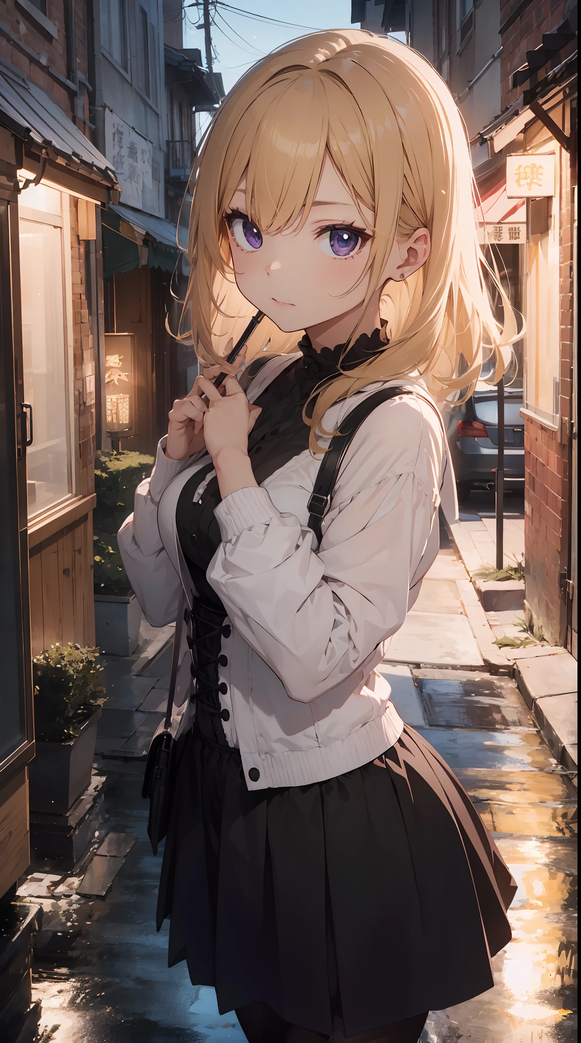 Background with: Snowy night cityscape。Drawing detailed buildings and streets with meticulously three-dimensional thinking。
人物: 20 years girl。Hairstyle is bob、Hair color is blonde、Hair quality is wavy。
Facial expressions and eyes: serious facial expression、Eyes are blue、Realistic and complex eyes。
garments: Black and purple Gothic style clothes。Long sleeves and skirts、Corset available。
Poses:Holding an umbrella in his left hand。
effect:Focus on the face from above。
styles: Ghibli style
Special elements:soha