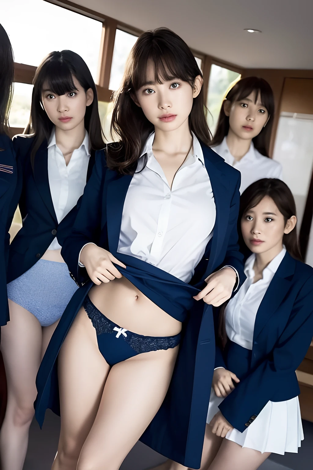 masutepiece, Best Quality, Five girls in the classroom,(5 people standing:1.2),Standing,age, Looking at Viewer,l Group shot, harems,nffsw,Underwear,(pantiy),Realistic,School uniform,(Dark blue blazer and white shirt) ,(Dark blue pleated skirt),Blue Ribbon ,(Looking back, ass grab:0.9),(Beautiful eyes:1.3),frombelow,From below,Kinney,(skinny:1.2) ,Slender thighs, Long body, novel illustration,(Smelly eyes:0.5),closed curtains,(shirts lift,lifted by self:1.5) ,Dark Persona.Skirt lift front,(Panties:1.3),