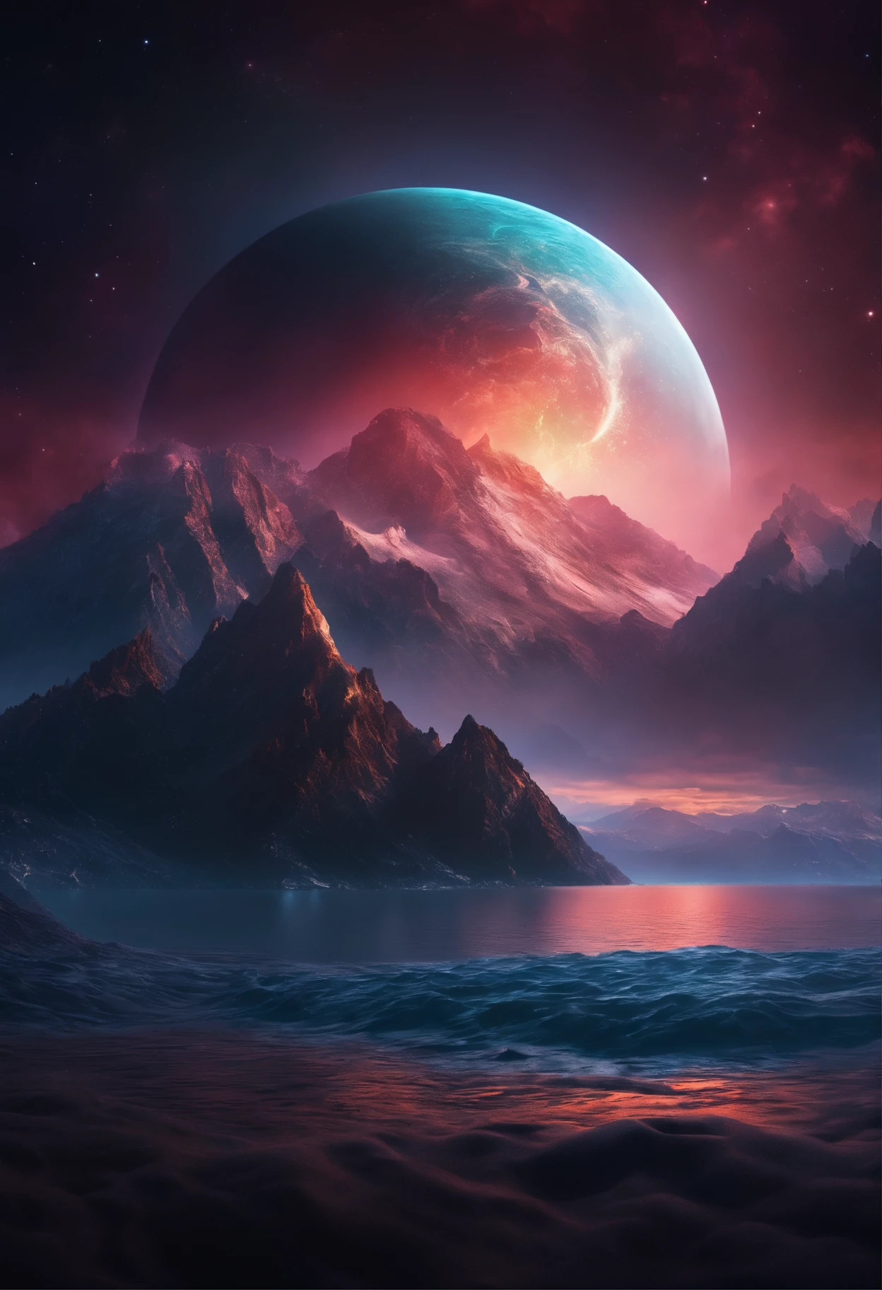 Somewhere in space. A mountain surrounded by the ocean. a planet of mysteries floating above the mountain. dark and colorful. everything is cosmic. 3D.
