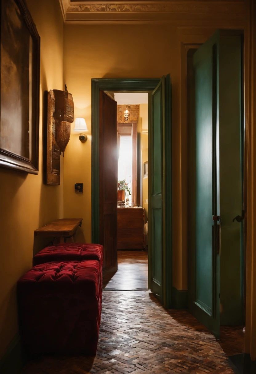 Uma porta aberta, em um quarto a noite. Low lighting. Devem ter detalhes de um apartamento sofisticado e chic.
