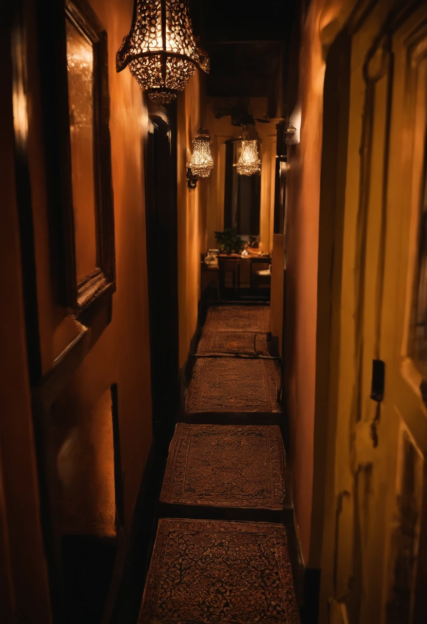 Uma porta aberta, em um quarto a noite. Low lighting. Devem ter detalhes de um apartamento sofisticado e chic.