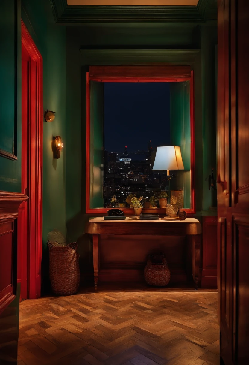 Uma porta aberta, em um quarto a noite. Low lighting. Devem ter detalhes de um apartamento sofisticado e chic.