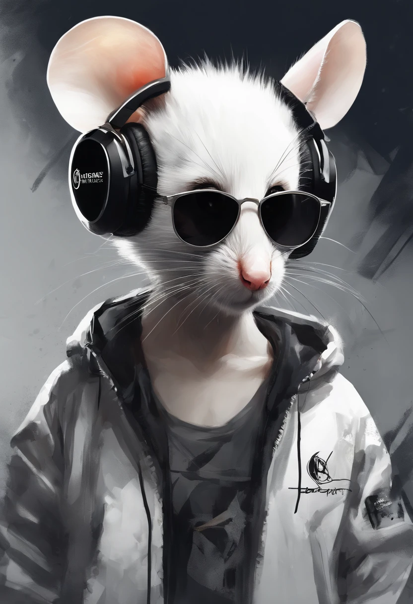 Perfect centering, Cute white and black mouse, Wear a student team jacket, Wearing Black sunglasses, Wearing headphones, cheerfulness, Standing position, Abstract beauty, Centered, Looking at the camera, Facing the camera, nearing perfection, Dynamic, Highly detailed, smooth, Sharp focus, 8K, high definition resolution, illustration, Art by Carne Griffiths and Wadim Kashin, White background