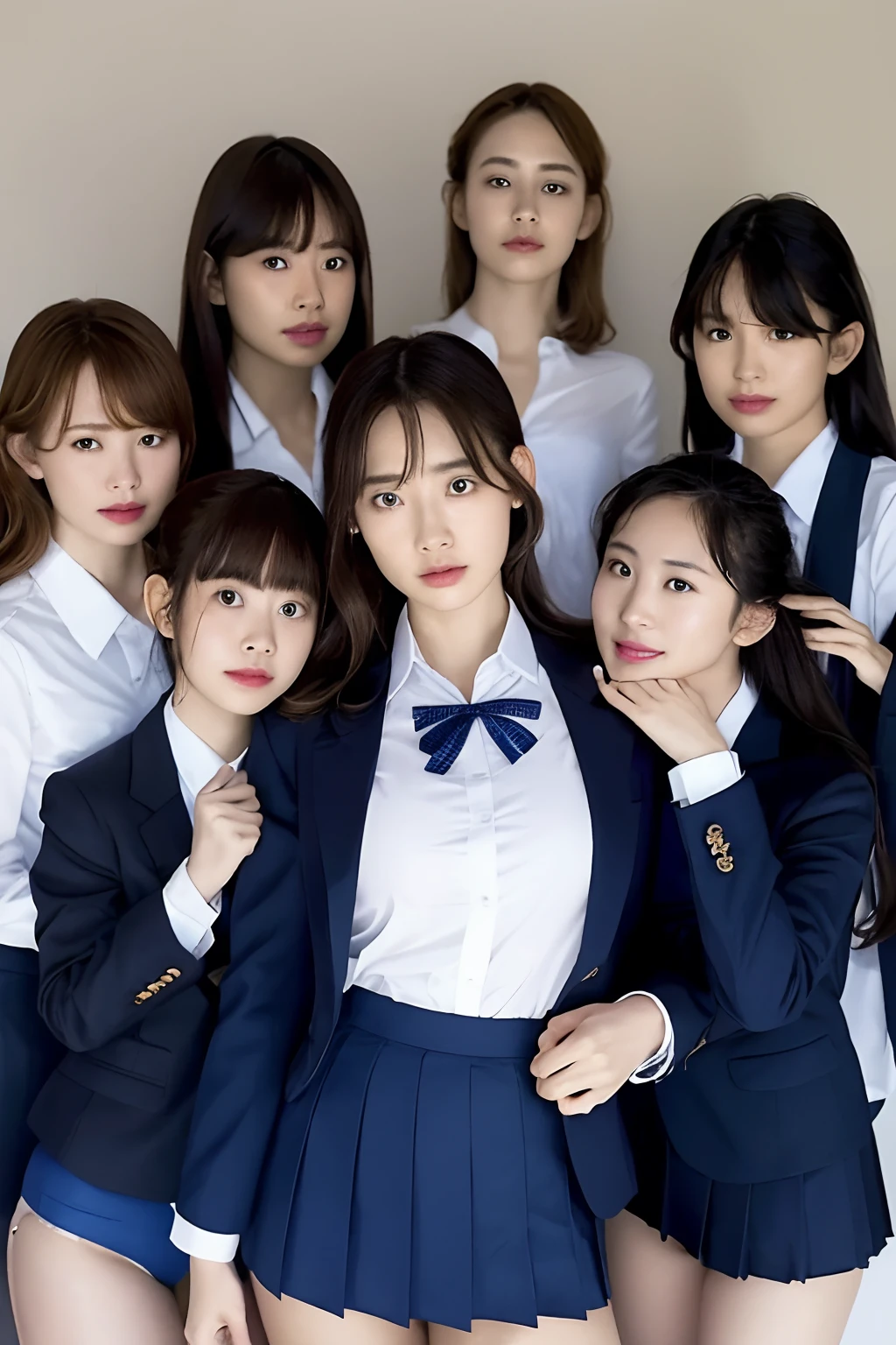 masutepiece, Best Quality, Five girls in the classroom,(5 people standing:1.2),Standing,Teenage, Looking at Viewer,l Group shot, harems,nffsw,Underwear,(pantiy),Realistic,School uniform,(Dark blue blazer and white shirt) ,(Dark blue pleated skirt),Blue Ribbon ,(Looking back, ass grab:0.9),(Beautiful eyes:1.3),frombelow,From below,Kinney,(skinny:1.2) ,Slender thighs, Long body, novel illustration,(Smelly eyes:0.5),closed curtains,(shirts lift,lifted by self:1.5) ,Dark Persona.Skirt lift front,(Panties:1.3),