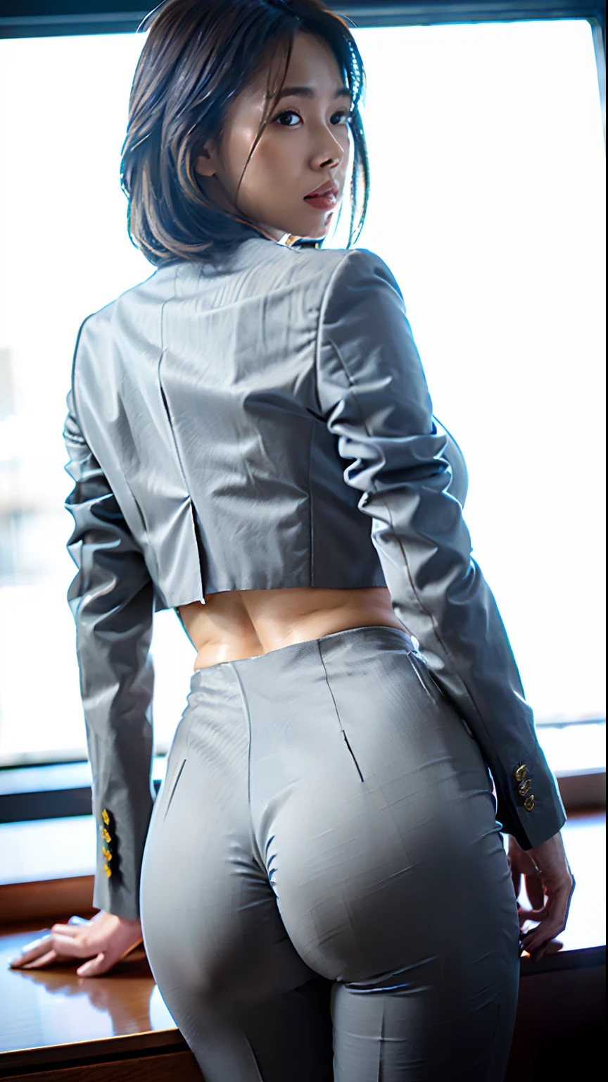 (top-quality、8K、32K、masterpiece、nffsw:1.2)、1girl in、beautiful japanese female、big breasts thin waist、Gray suit、White shirt、Open jacket、OL、Suits、trouser、from the rear、Office、desk work、(stick out buttocks:1.2)、详细的脸、shorth hair、frombelow、Raise one leg