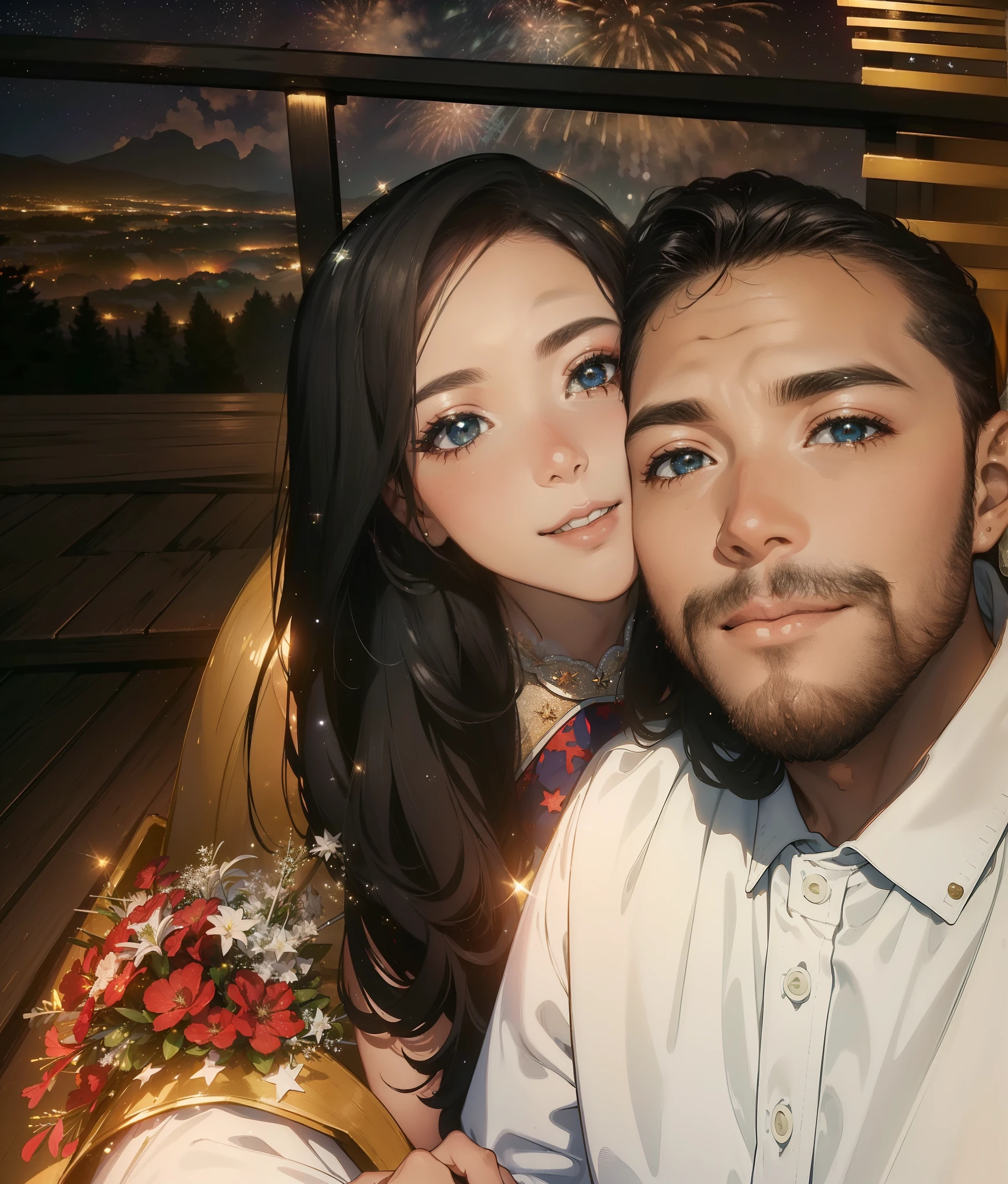 ((melhor qualidade, A high resolution, master part:1.2)), (Romantic), (Newlyweds:1), (Mountaintop stargazing with moon), (Spectacular fireworks display in the sky), (colorful fireworks), (Giant fireworks), (vestido de noiva branco), (Naipe), (estrelas brilhantes:1.5), Photo of romantic couple, Cinematic film couple.