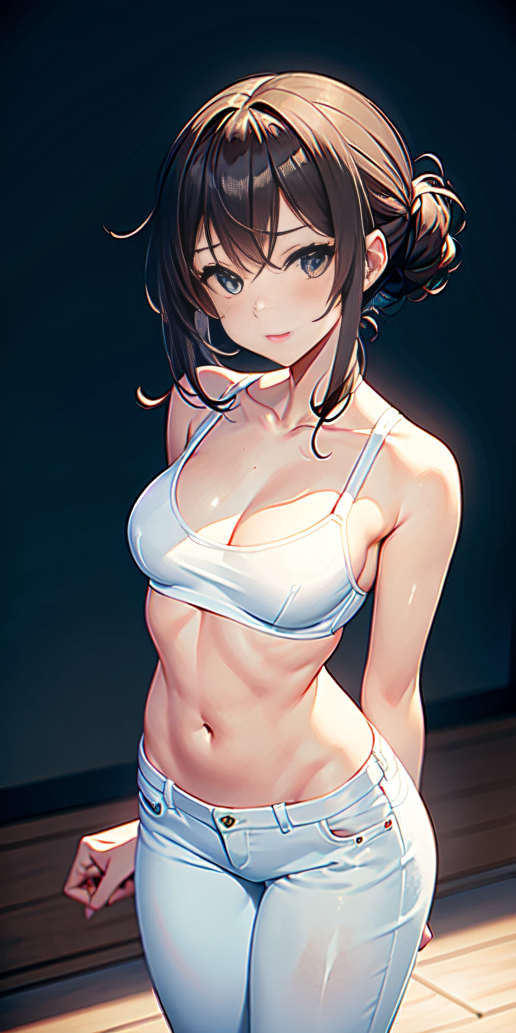 American shot, Girl posing for photo in white bra and tight denim, arms behind back, full body, wearing cropped t-shirt, bra, slim figure, smaller bust, slim girl model, 20 year old female model,