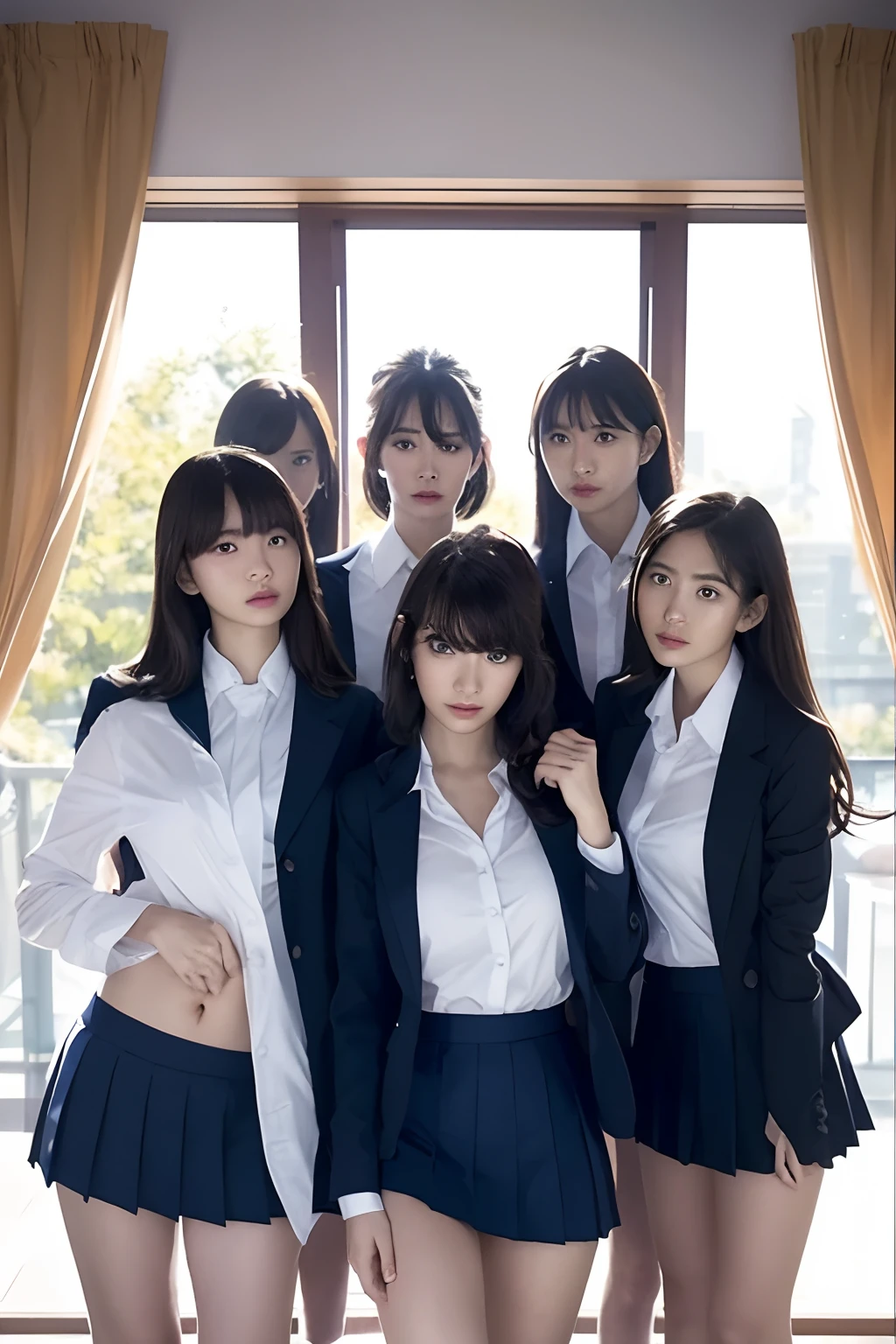 masutepiece, Best Quality, Five girls in the classroom,(5 people standing:1.2),Standing,Teenage, Looking at Viewer,l Group shot, harems,nffsw,Underwear,(pantiy),Realistic,School uniform,(Dark blue blazer and white shirt) ,(Dark blue pleated skirt),Blue Ribbon ,(Looking back, ass grab:0.9),(Beautiful eyes:1.3),frombelow,From below,Kinney,(skinny:1.2) ,Slender thighs, Long body, novel illustration,(Smelly eyes:0.5),closed curtains,(shirts lift,lifted by self:1.5) ,Dark Persona.Skirt lift front,(Panties:1.3),