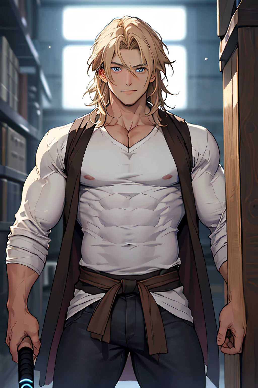 Height 175 cm, the optimal height, young face, blue eyes, Straight blonde shoulder-length hair, a round face, and blue eyes, white and black tight shirt, tight clothing, body full of muscles; ripped abs, V-shaped body, thick waist, long legs, strong arms. Jedi robe, purple Lightsaber, brown pants, dark brown and light brown and white clothes, V-neck loose-fit long-sleeved shirt, teenager face, teenager