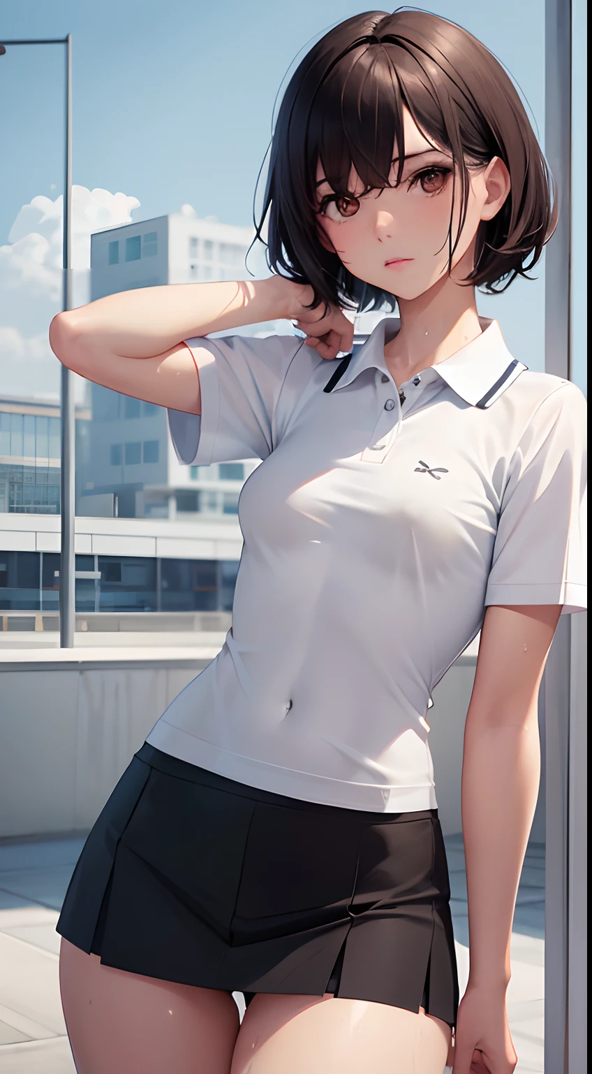 1girl, solo, white polo shirt, white sneakers, tennis wear, white miniskirt, masterpiece, best quality, realistic, hyper-detailed, (shiny skin, sweaty:1.4), absurd, looking at viewer, short black hair, brown eyes, slender, dynamic lighting, high resolution, sharp focus, depth of field, detailed eyes, sharp pupils, realistic pupils, (small breasts:1.6), (thick thighs:1.0), outdoor, sky