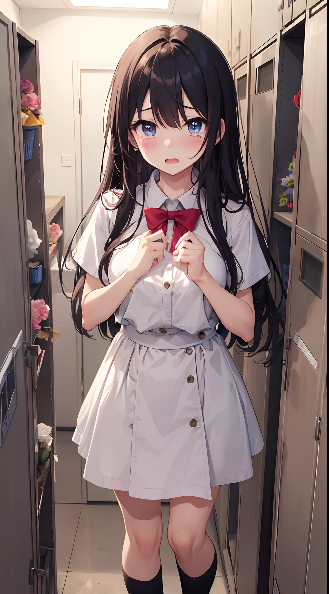 In a locker in the school hallway、The girl's name and date of birth are written on it。The locker is pink、Decorated with stickers such as hearts, Stars, Flowers, bow ribbon, Balloons, etc.。I have a gift, a cake, The card, etc. In the locker.、A message from a friend is written。 girl with：With a girl standing in front of a locker、hair is black and long,、Tied with a ribbon。The face is round and cute。Uniform is white and navy blue、Skirt above the knee、Socks should be white、It's below the knee。The shoes are black loafers。The girl had a surprised look on her face, Joy and emotions.、eyes wide open.、The mouth is wide open.、There were tears.、My cheeks are red.、My hands are on my chest.、the body is leaning forward。 Overreaction：The girl's surprised expression was、Impossibly overreacting.、Drawn like a manga or anime。NP、Eyes, Mouth, Tears, Cheeks and hands are drawn large