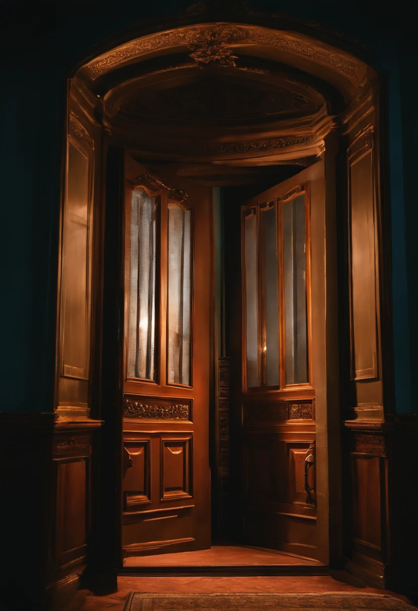 Uma porta aberta de um quarto sofisticado. The night with good lighting.