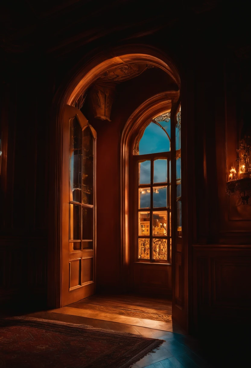 Uma porta aberta de um quarto sofisticado. The night with good lighting.