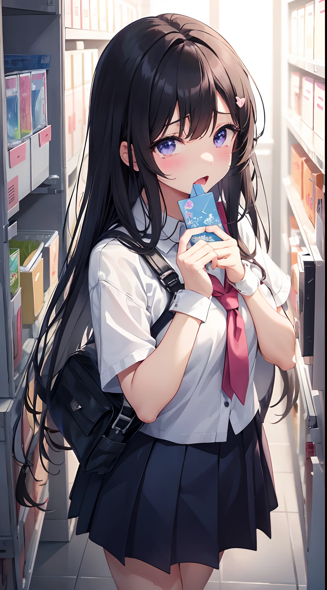 In a locker in the school hallway、The girl's name and date of birth are written on it。The locker is pink、Decorated with stickers such as hearts, Stars, Flowers, bow ribbon, Balloons, etc.。I have a gift, a cake, The card, etc. In the locker.、A message from a friend is written。 girl with：With a girl standing in front of a locker、hair is black and long,、Tied with a ribbon。The face is round and cute。Uniform is white and navy blue、Skirt above the knee、Socks should be white、It's below the knee。The shoes are black loafers。The girl had a surprised look on her face, Joy and emotions.、eyes wide open.、The mouth is wide open.、There were tears.、My cheeks are red.、My hands are on my chest.、the body is leaning forward。 Overreaction：The girl's surprised expression was、Impossibly overreacting.、Drawn like a manga or anime。NP、Eyes, Mouth, Tears, Cheeks and hands are drawn large