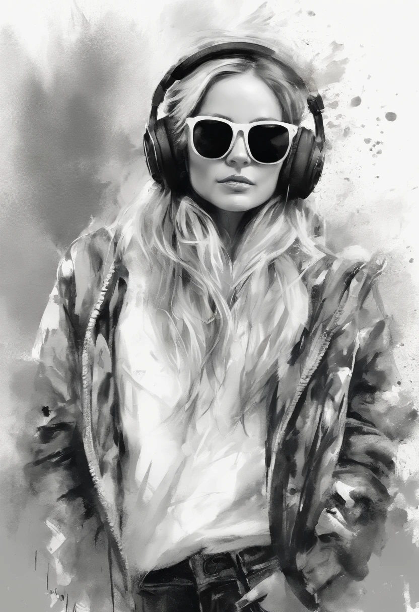 Perfect centering, Cute white and black mouse, Wear a student team jacket, Wearing Black sunglasses, Wearing headphones, cheerfulness, Standing position, Abstract beauty, Centered, Looking at the camera, Facing the camera, nearing perfection, Dynamic, Highly detailed, smooth, Sharp focus, 8K, high definition resolution, illustration, Art by Carne Griffiths and Wadim Kashin, White background