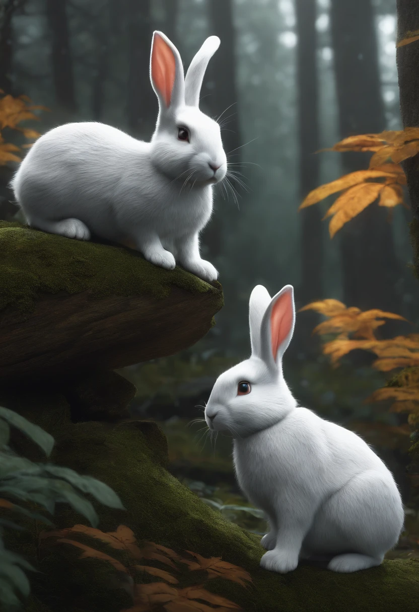 two Bunny Animal Character Animation, one is white and other is gray, in the forest, rainy day