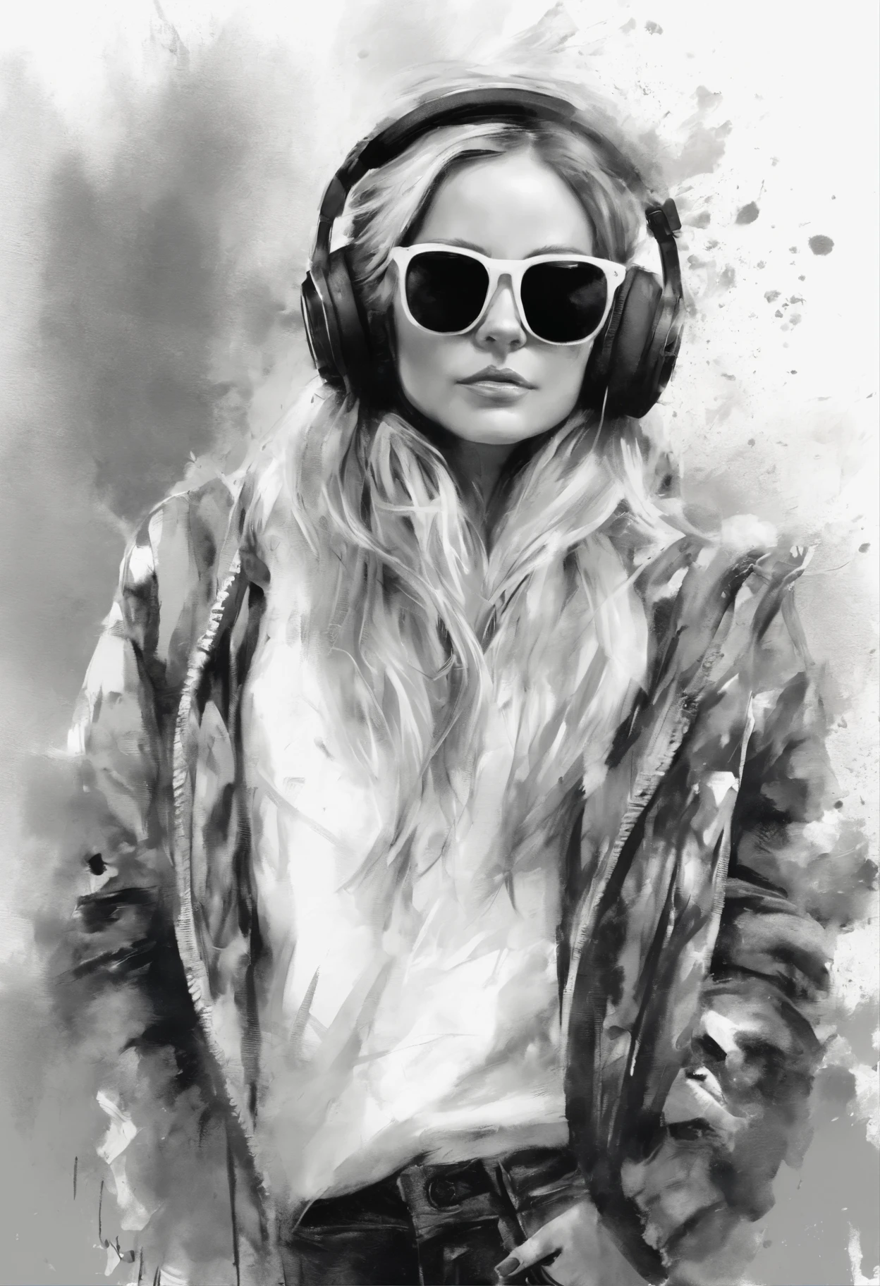 Perfect centering, Cute white and black mouse, Wear a student team jacket, Wearing Black sunglasses, Wearing headphones, cheerfulness, Standing position, Abstract beauty, Centered, Looking at the camera, Facing the camera, nearing perfection, Dynamic, Highly detailed, smooth, Sharp focus, 8K, high definition resolution, illustration, Art by Carne Griffiths and Wadim Kashin, White background