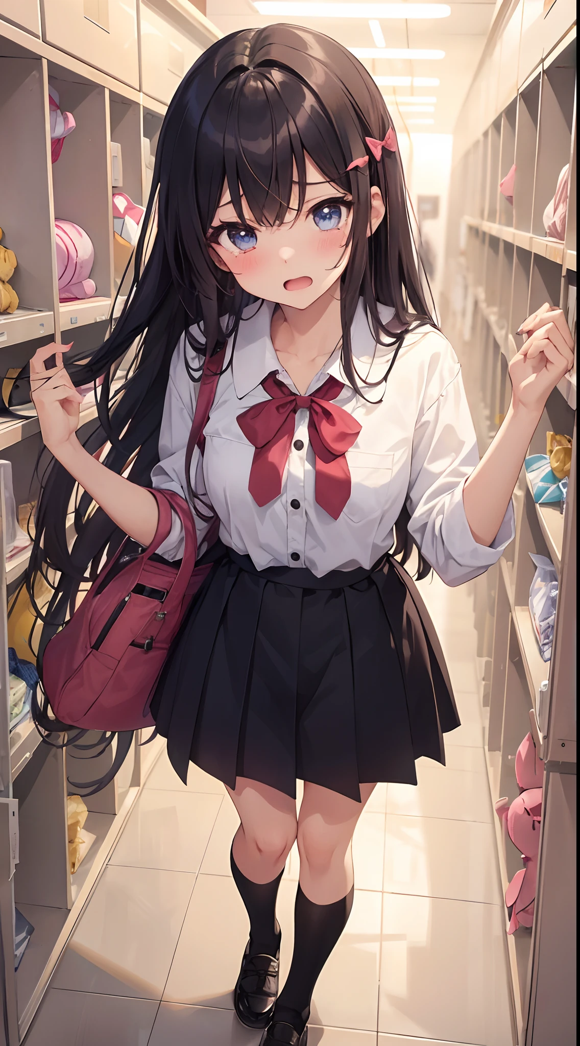 In a locker in the school hallway、The girl's name and date of birth are written on it。The locker is pink、Decorated with stickers such as hearts, Stars, Flowers, bow ribbon, Balloons, etc.。I have a gift, a cake, The card, etc. In the locker.、A message from a friend is written。 girl with：With a girl standing in front of a locker、hair is black and long,、Tied with a ribbon。The face is round and cute。Uniform is white and navy blue、Skirt above the knee、Socks should be white、It's below the knee。The shoes are black loafers。The girl had a surprised look on her face, Joy and emotions.、eyes wide open.、The mouth is wide open.、There were tears.、My cheeks are red.、My hands are on my chest.、the body is leaning forward。 Overreaction：The girl's surprised expression was、Impossibly overreacting.、Drawn like a manga or anime。NP、Eyes, Mouth, Tears, Cheeks and hands are drawn large