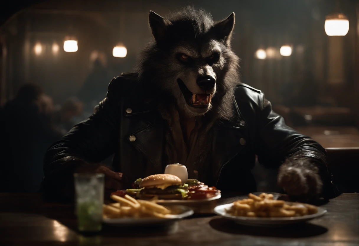 closeup of Badass masculine werewolf with hairy paws in a biker jacker, eating a huge cheeseburger in a smoky, gloomy diner, creature design by Rick Baker. 1908's horror film by John Landis. style: cinematic.