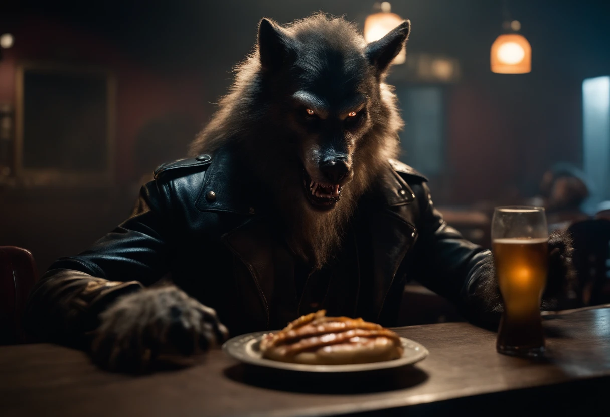 closeup of Badass masculine werewolf with hairy paws in a biker jacker, eating a huge cheeseburger in a smoky, gloomy diner, creature design by Rick Baker. 1908's horror film by John Landis. style: cinematic.