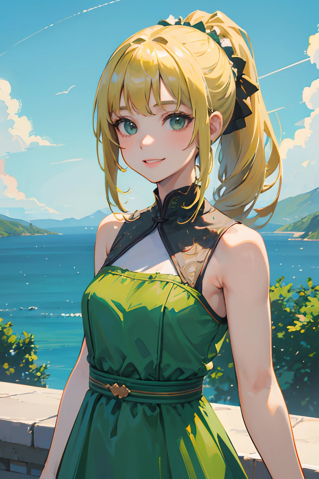 ((masterpiece, best quality)), (1girl), (solo), (female focus), (blonde hair, ponytail),green eyes,((green dress, sleeveless dress)), smile, bright smile, portraits, close up, upper body, summer city background