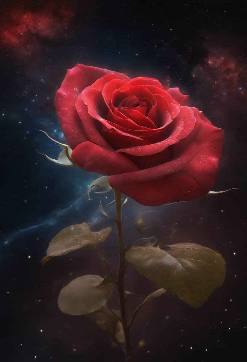 Nebula in the shape of a scarlet rose,red Milky Way,Hazy fog,beautiful cosmic neural network,golden glistening,Very Beautiful Digital Art, 4k highly detailed digital art, softly swirling magical energy,swirls of magic,DreamlikeArt, intricate ornate anime cgi style