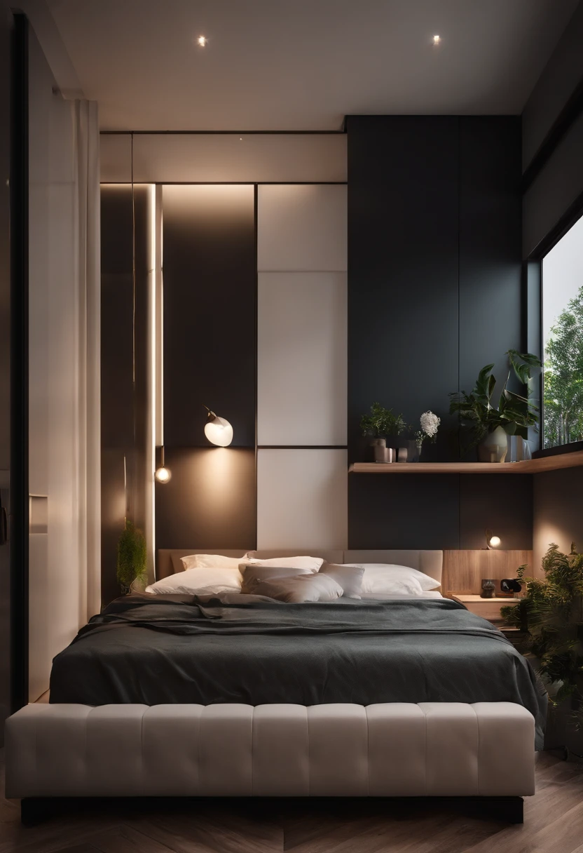 Uma porta aberta de um quarto moderno a noite. With good white lighting.