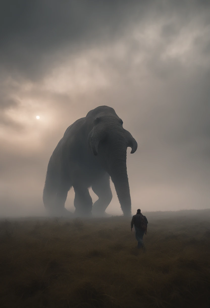 Gigantic creature walking across a plain in the distance amid fog, nevoeiro, neblina, nuvens escuras, sombrio ,supense, monstro, Sobrenatural, octan render, Motor irreal, fotorrealista, hiper realismo, altamente detalhado, alta qualidade, intrinsecamente detalhado,Volumetric lighting, personagem completo, 4k, ,disco Rigido ,Full HD, 8k, RTX, high resolution, sombras detalhadas, incrivelmente detalhado, perfeito, Dramatic scale