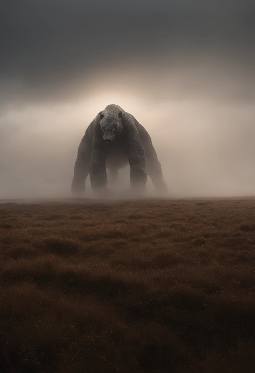 Gigantic creature walking across a plain in the distance amid fog, nevoeiro, neblina, nuvens escuras, sombrio ,supense, monstro, Sobrenatural, octan render, Motor irreal, fotorrealista, hiper realismo, altamente detalhado, alta qualidade, intrinsecamente detalhado,Volumetric lighting, personagem completo, 4k, ,disco Rigido ,Full HD, 8k, RTX, high resolution, sombras detalhadas, incrivelmente detalhado, perfeito, Dramatic scale
