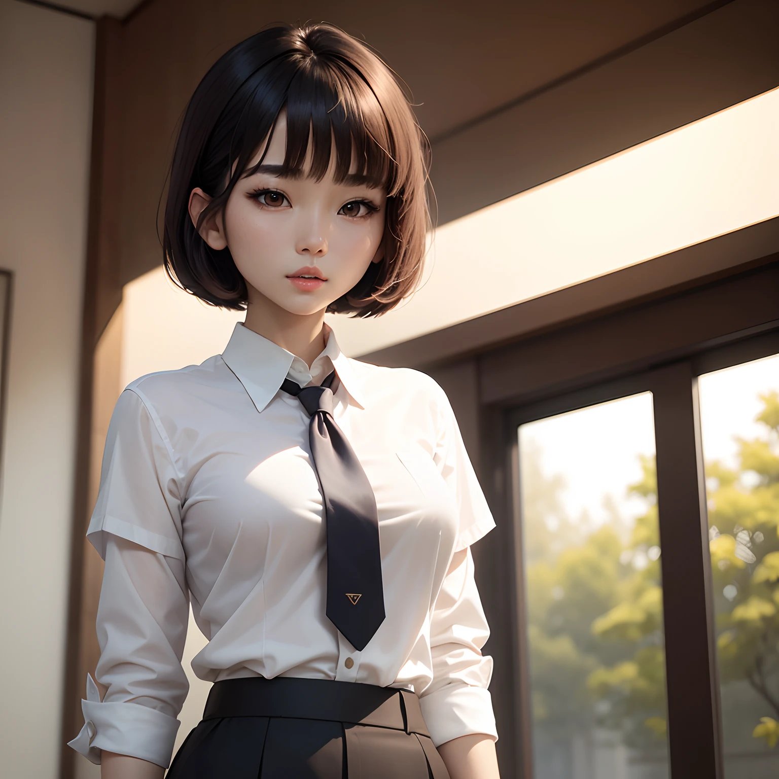 there is a woman wearing a tie and a white shirt, with short hair, beautiful south korean woman, korean girl, sun yunjoo, cute korean actress, gorgeous young korean woman, lee ji-eun, lee ji - eun, xintong chen, neat hair with bangs, short brown hair with bangs, beautiful young korean woman, heonhwa choe