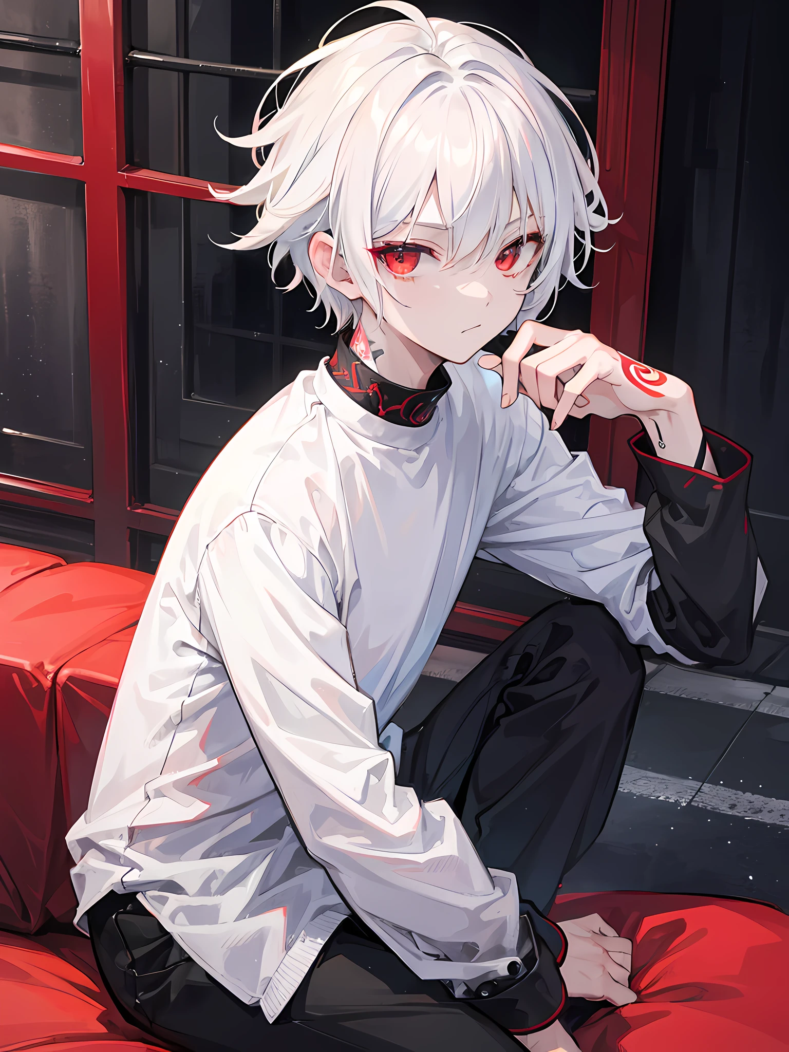 1boy, short white hair, Red eyes, wearing black casual street clothes, city, high res, ultrasharp,8k, masterpiece, looking at viewer, handsome, tattoo, high def hair , high def eyes, older look, sitting, hair slightly over eyes, emo, slightly messy hair,