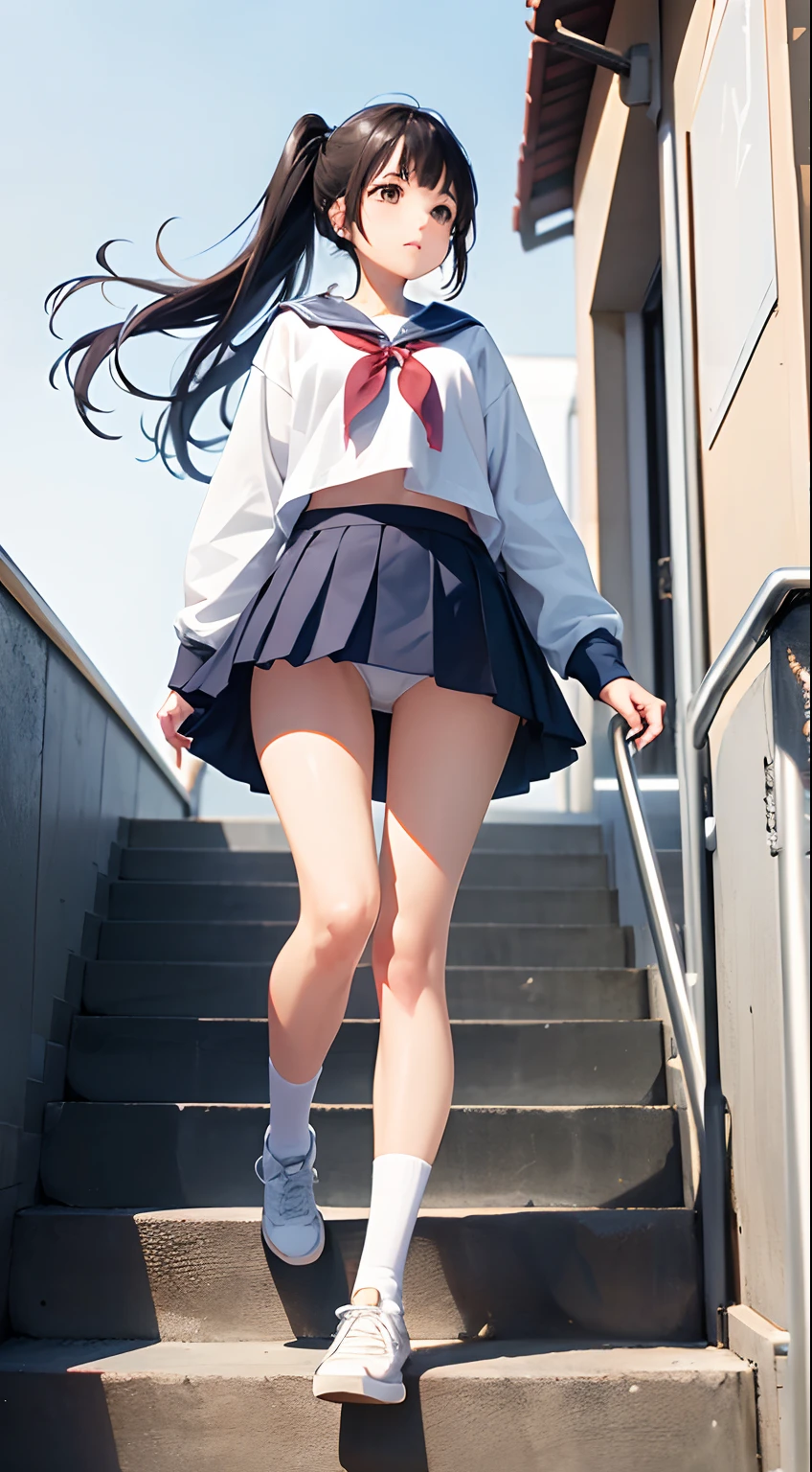 1人の女性、top-quality、kawaii、poneyTail、Miniskirt rolled up、white panties、gust of wind、heavy wind、stairs at school、In the middle of the stairs、
