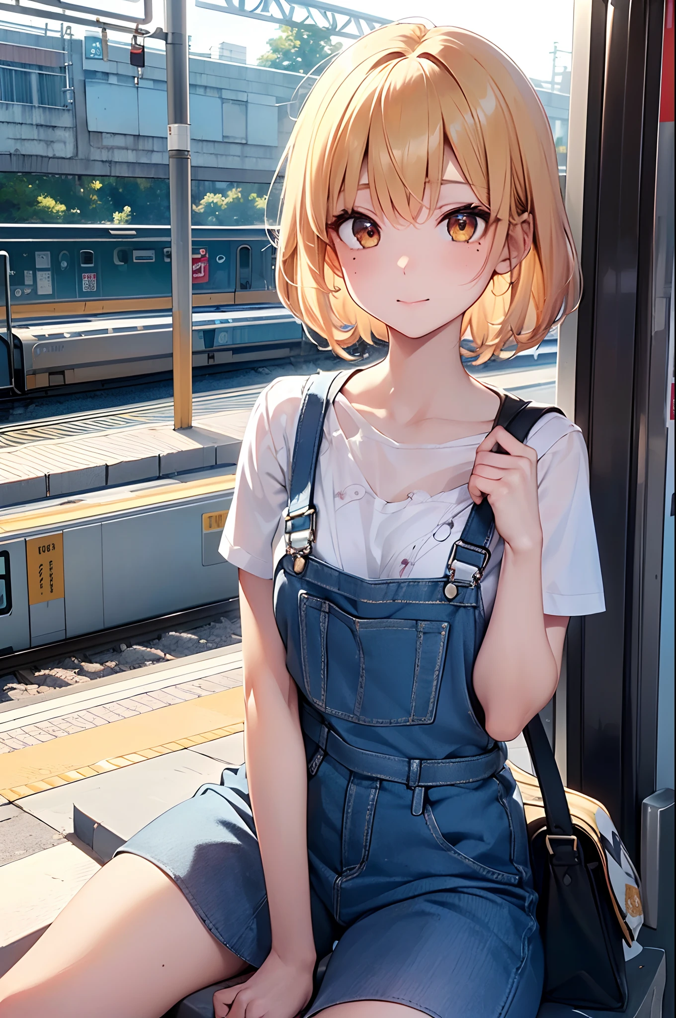 Girl with a nasty appearance:1.3)、(Morning station platform:1.5)、(and chest:1.3)、Raw photography, top-quality, hight resolution, (masterpiece), (Photorealsitic:1.4), (Mole under the eyes),Anime Cosplay, foco nítido, nffsw, 8K分辨率, intricate detailes, depth of fields, the Extremely Detailed CG Unity 8K Wallpapers, front lit, femele,25-years old、 Cheerful face、Crisp eyes、(Odango Hair:1.5)、(Sit waiting for the train:1.5)、see -through、(Medium Short Gold Hair)、Orange-eyed,(I have a bag:1.5)、(Overall:1.3)、Shining Morning Sun、Bright background、