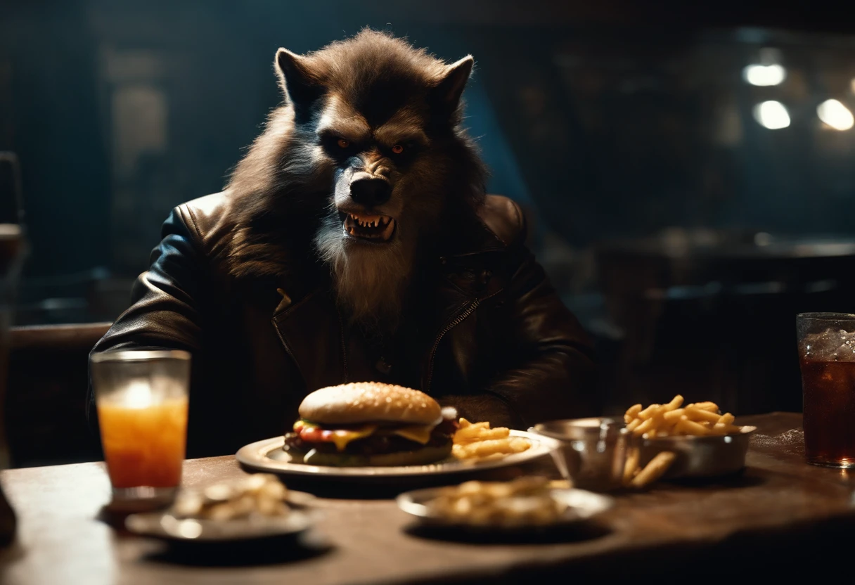 closeup of Badass masculine werewolf with hairy paws in a biker jacker and wearing glasses, eating a huge cheeseburger in a smoky, gloomy diner, creature design by Rick Baker. 1980's horror film by John Landis. style: cinematic.