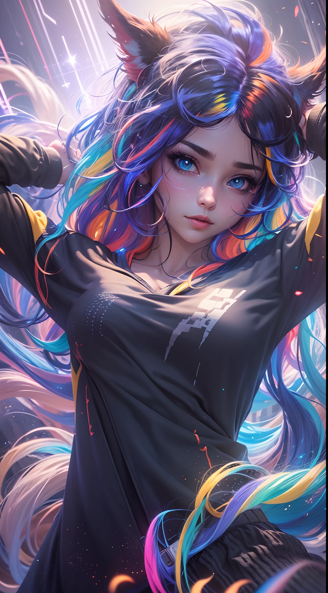 {{masterpiece}}, best quality, extremely detailed CG unity 8k wallpaper, cinematic lighting, lens flare, beautiful detail eyes, black,  side glance,  multicolor hair, colorful light, particles, heterochromia, (colorful:1.5), (colorful hair:1.5),