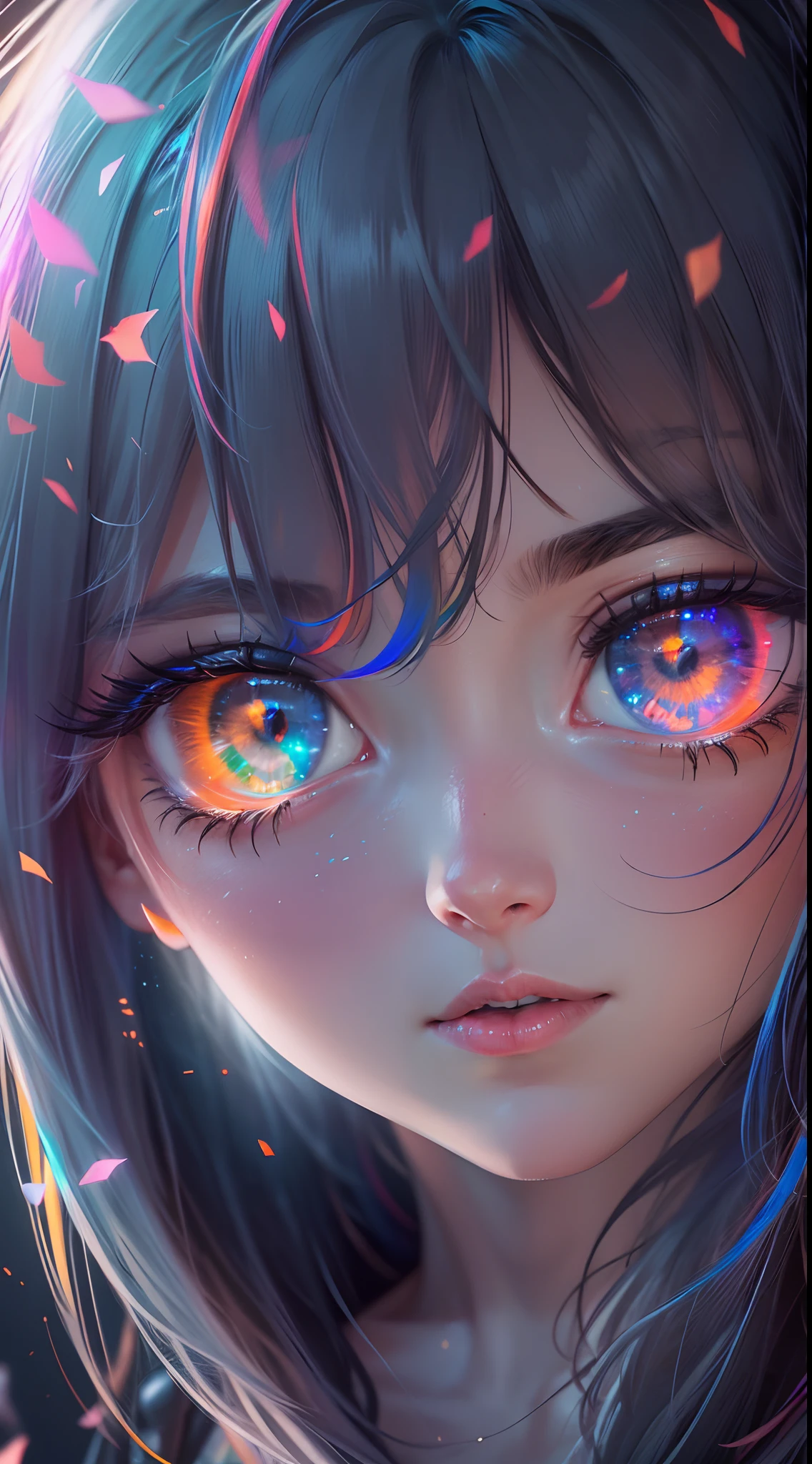 {{masterpiece}}, best quality, extremely detailed CG unity 8k wallpaper, cinematic lighting, lens flare, beautiful detail eyes, black, side glance, multicolor hair, colorful light, particles, heterochromia, (colorful:1.5), (colorful hair:1.5),