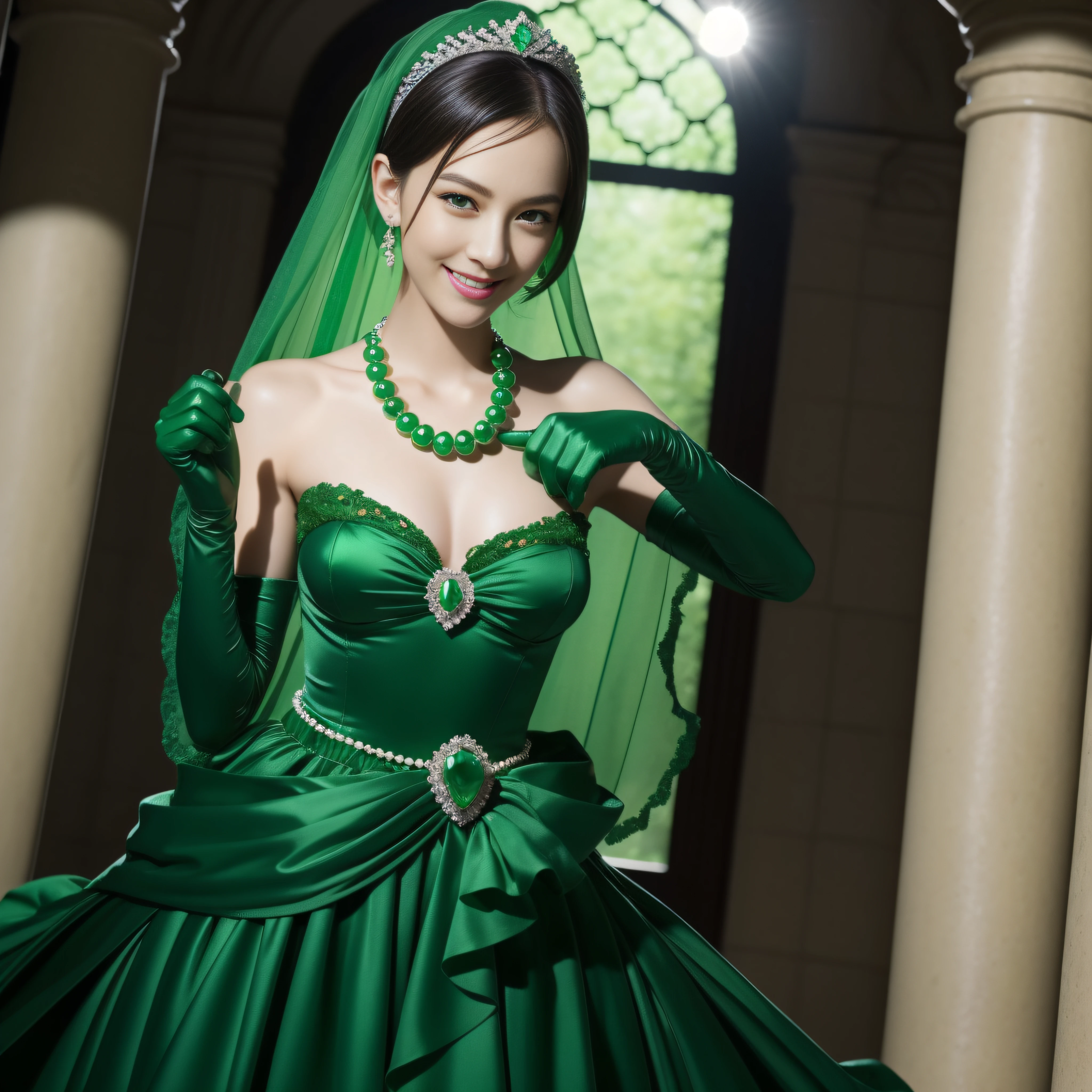 emerald tiara, Green Pearl Necklace, Boyish very short green hair, lipsticks, Japan woman smiling, very short short hair, big breasts beautiful, Green eyes, Long green gloves made of satin material, Green eyes, Emerald Earrings