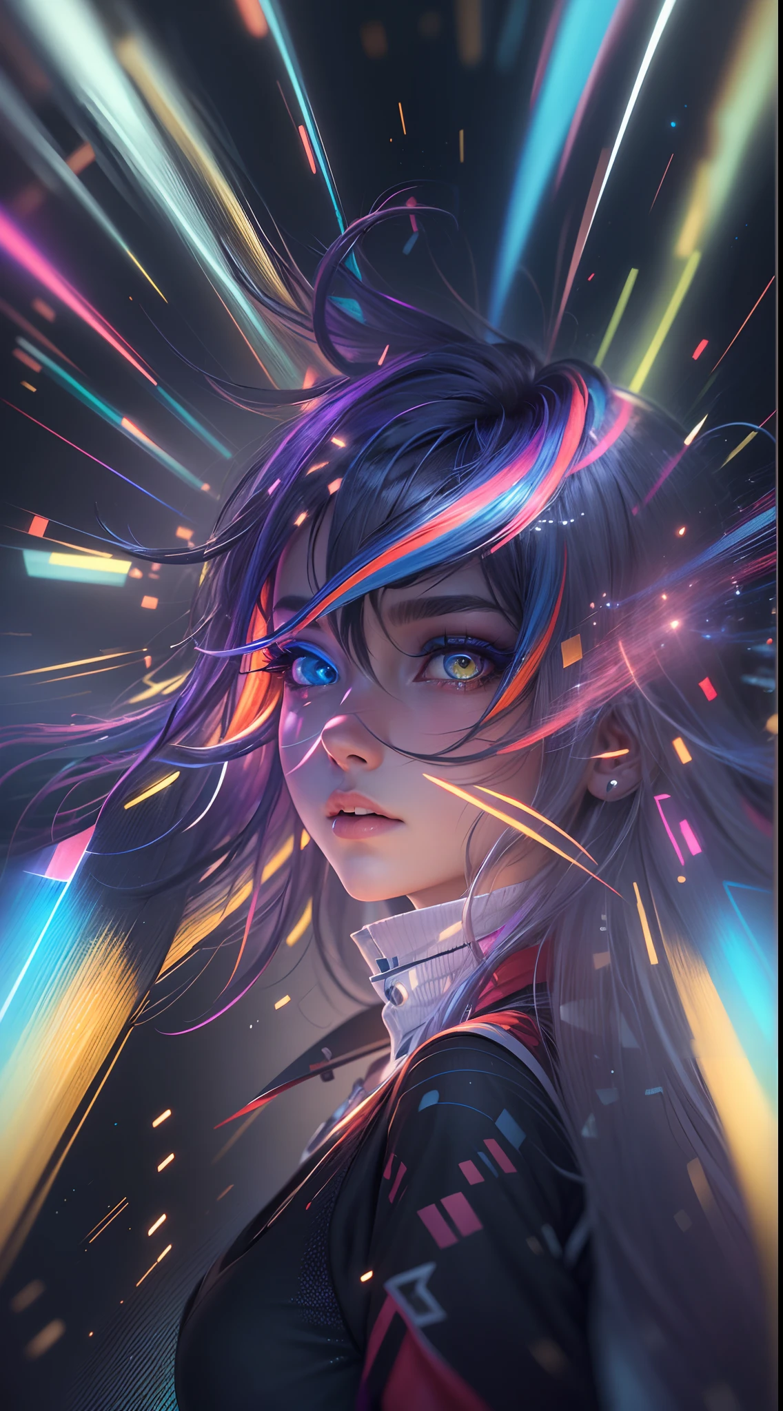 {{masterpiece}}, best quality, extremely detailed CG unity 8k wallpaper, cinematic lighting, lens flare, beautiful detail eyes, black,  side glance,  multicolor hair, colorful light, particles, heterochromia, (colorful:1.5), (colorful hair:1.5),