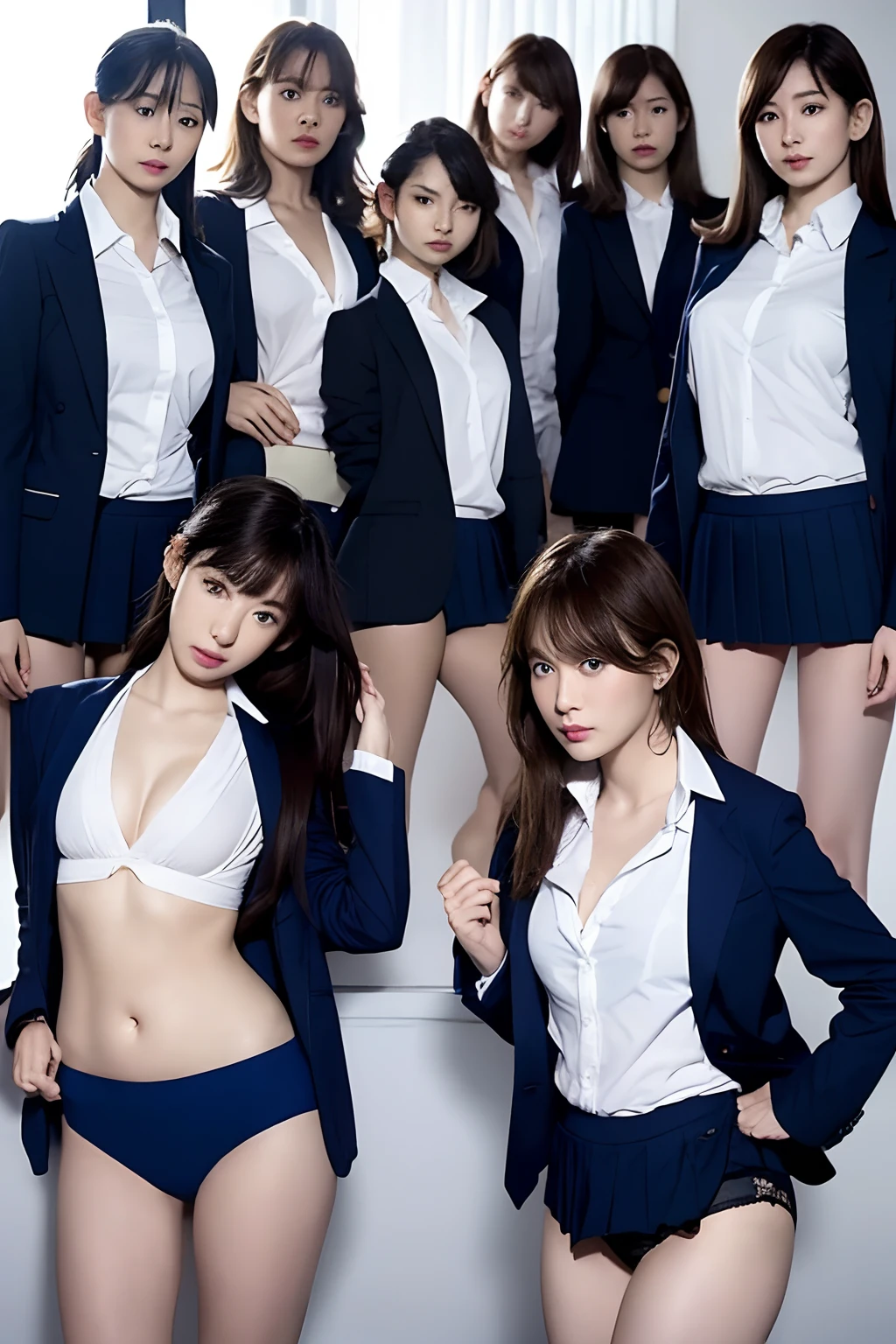 masutepiece, Best Quality, Five girls in the classroom,(5 people standing:1.2),Standing,age, Looking at Viewer,l Group shot, harems,nffsw,Underwear,(pantiy),Realistic,School uniform,(Dark blue blazer and white shirt) ,(Dark blue pleated skirt),Blue Ribbon ,(Looking back, ass grab:0.9),(Beautiful eyes:1.3),frombelow,From below,Kinney,(skinny:1.2) ,Slender thighs, Long body, novel illustration,(Smelly eyes:0.5),closed curtains,(shirts lift,lifted by self:1.5) ,Dark Persona.Skirt lift front,(Panties:1.3),