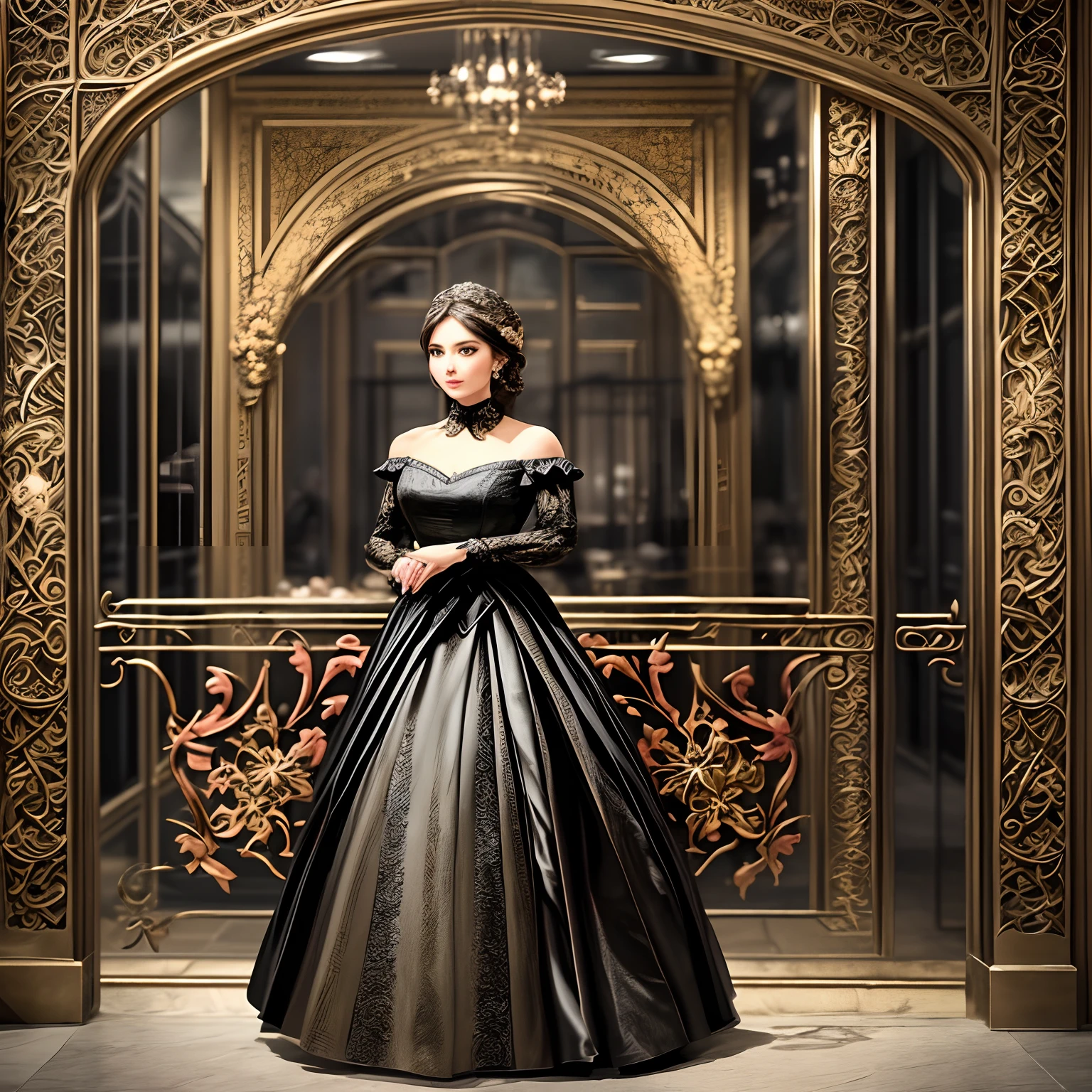 "Craft a profile picture that seamlessly blends the grace of wrought iron with the allure of fine desserts, all framed by the presence of a beautiful, confident woman. Imagine an intricately designed iron gate opening to reveal a display of exquisite pastries and chocolates, each one a masterpiece of culinary artistry. The backdrop is a refined setting, with muted tones that highlight the beauty of both the ironwork and the sweets. Standing beside this delectable spread is a woman of striking elegance, exuding confidence and sophistication. Her presence adds a touch of grace and allure to the scene, making it perfect for a mature audience with an appreciation for the finer things in life."