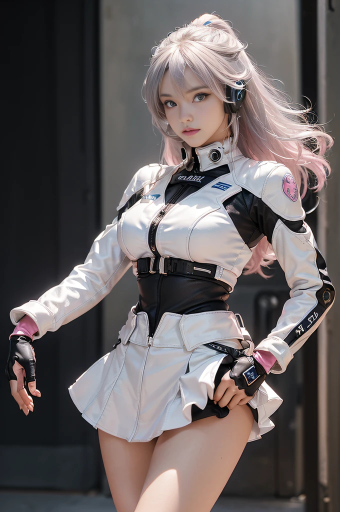 (Top Quality, Ultra High Definition, Photorealistic: 1.4), (cowboy shot:1), 1 Beautiful Girl, Detailed Face, (Hair Style gradation:Pink:0.6Silver:0.4, fullbang, shortbob-style:1), Combat pose, Contrapposto, Perfect Anatomy, Smooth Skin, Professional Lighting, (wear color white black silver),((wearing Futuristic Police Racing Suits, low-mini-skirt, police wappen, High-tech Headset, military gun-corset, racing gloves, holding handguns with both hands)), (Cloths colors based on pink silver white black), (background, backstrage),