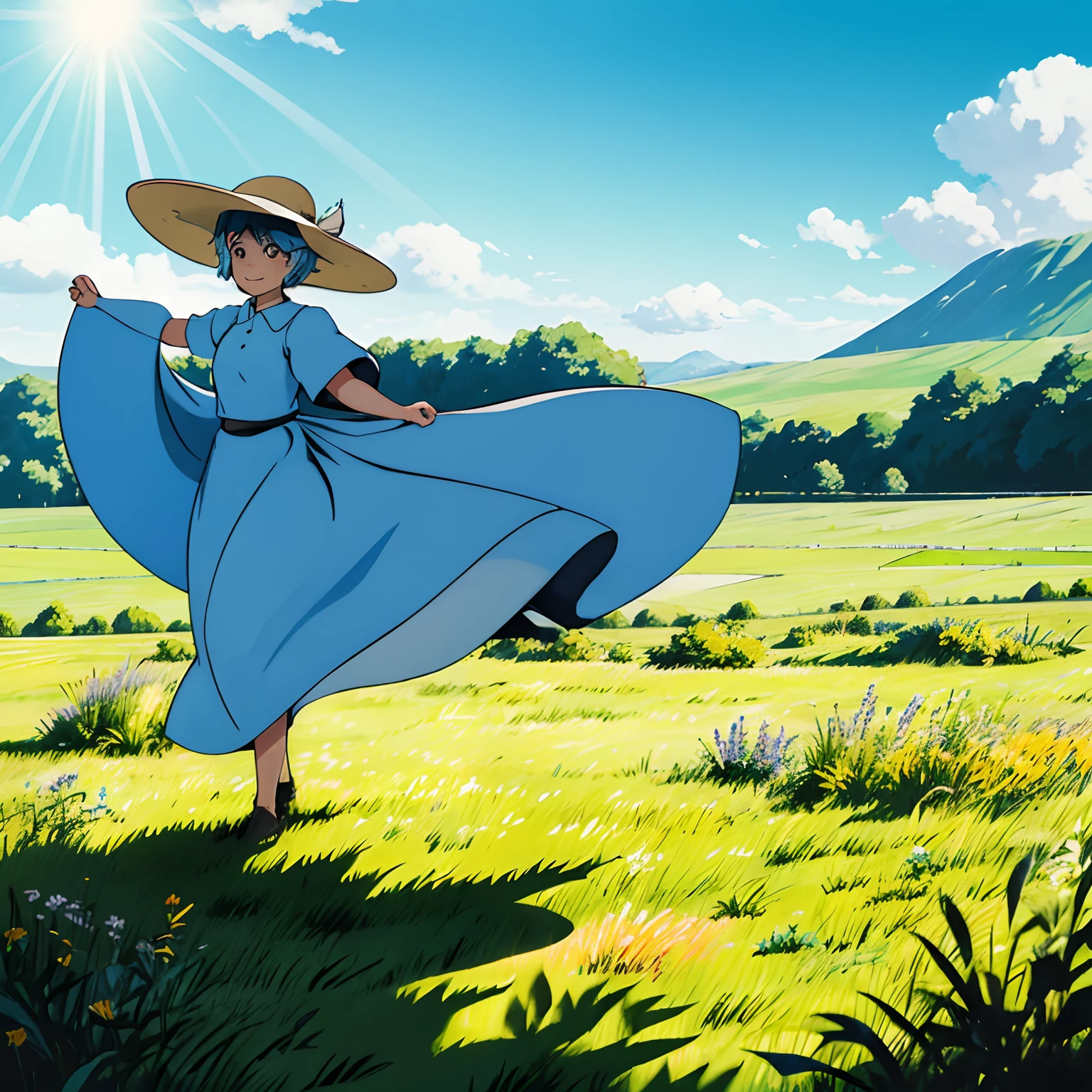 Sun visor hat:1.2), grass field, In daylight, lightsmile,Looking at Viewer, Wind, Dynamic, Strong light and shadow,Dynamic Pose,lightblue hair