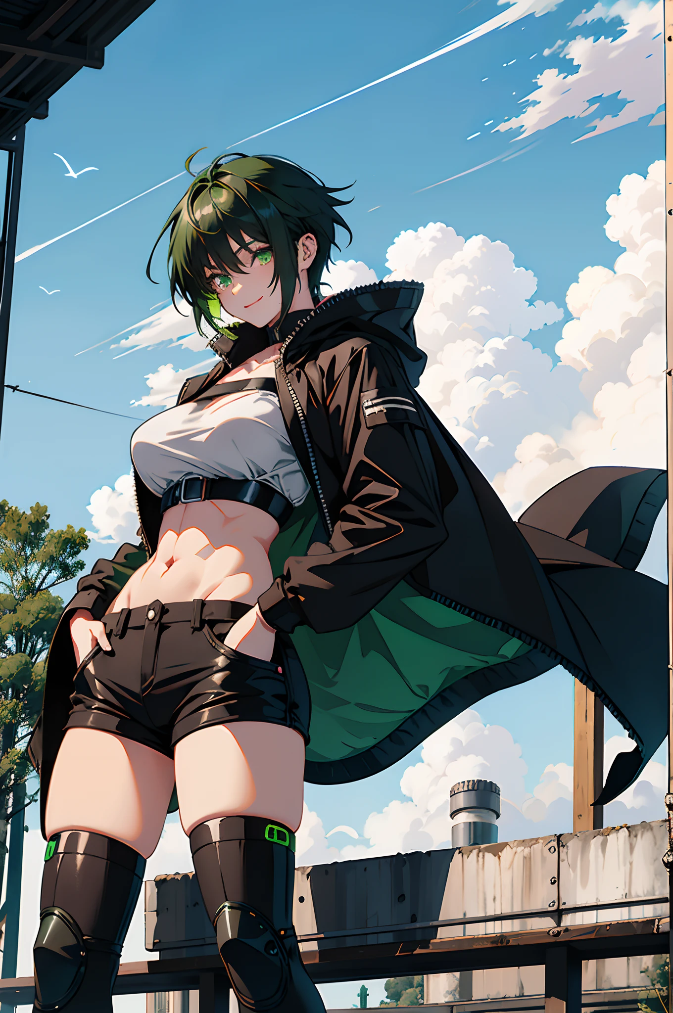 Pure sky,mechanical leg,Black mechanical legs,Plump legs,Green gem setting,Anime girl standing gracefully on the ground,Black cape and green hair, rogue anime girl, Anime girl standing, Wearing a cloak on the blasted plain, asuka suit under clothes!, Cyborg girl, badass posture, mechanic punk outfit, anime styled 3d, render of a cute 3d anime girl, gapmoe yandere grimdark, Female character,musculature,Abs,Glowing green eyes,Black hair with green gradient,short detailed hair,Bunched hair,Dull hair,(Muscle 2.0),Tomboyish,Be red in the face,looking at viewert,Elaborate Eyes,Black mechanical legs,huge tit,1.5,Put your hands in your pockets,ssmile,blacksilk,Straight big breasts,strappy,Black openwork hot pants,White bandeau,Toothless smile,Lower breast,Mechanical wind,There are no cities