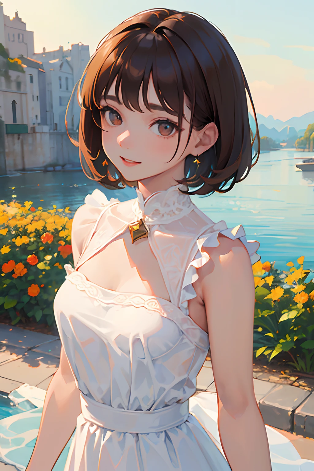 ((masterpiece, best quality)), (1girl), (solo), (female focus), (brown hair, short hair),orange eyes,((long white clothes)), smile, portraits, close up, upper body, autumn city background