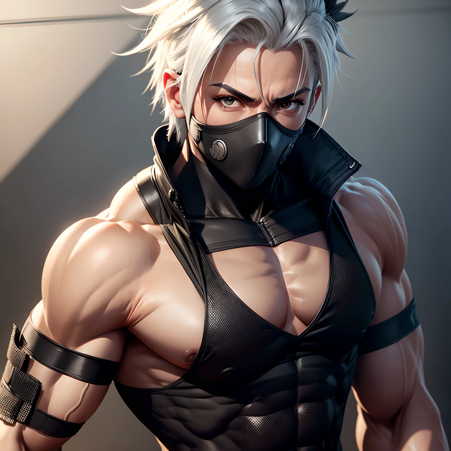 army, daddy, handsome male, muscular, muscular arms, muscular chest, open chest, ripped uniform, army uniform, tattooed, tattooed arms, veiny, basecamp, grey hair, long hair, messy hair, blindfold, glaring, earrings, seductive smile, from below, 8k, super detail, masterpiece, textured skin, super detail, best quality, 8k