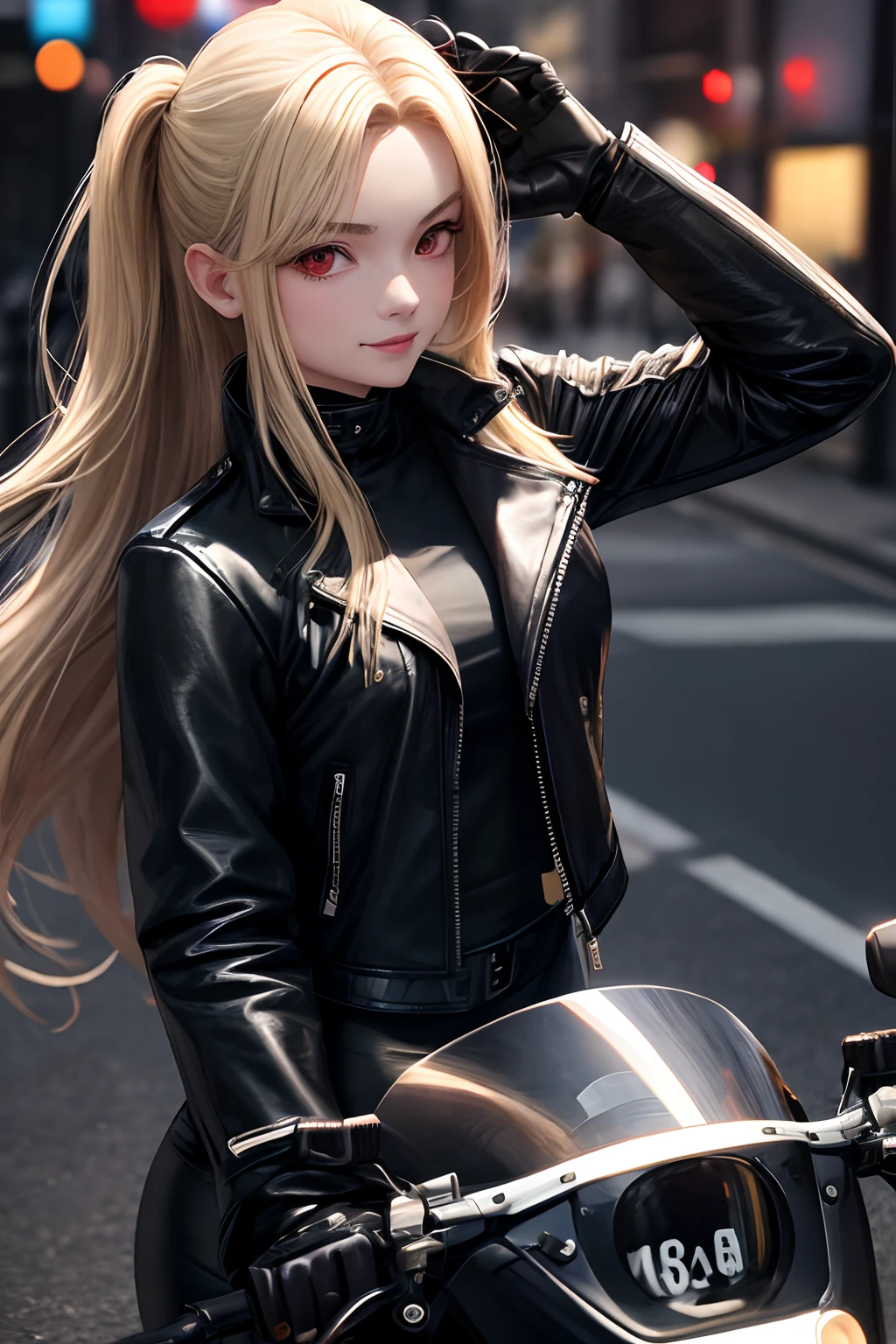 Realistic, 1 woman, long hair and blonde, black leather clothes, biker outfit, cute, wearing a leather jacket, red eyes, a small smile and cute, on top of a motorbike, in the scene, street scene