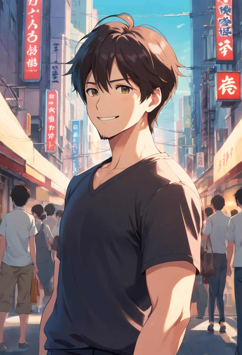 (Front view:1.4),Groomed beard,40-year-old dandy man,Composition of the upper body,Makoto Shinkai's painting style,japanes,(a smile:1.3),Ridicule,A tall man,a beard, Delicate facial features like an actor,Short-haired true black hair, (Black Y-shirt:1.4), Intense muscles, eyes are brown, The city of Shinjuku